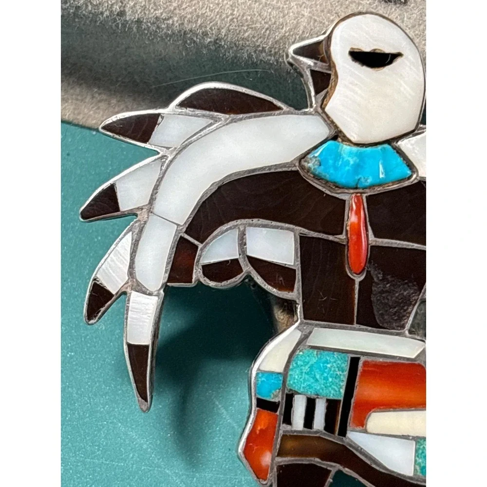 Vintage Sterling Zuni Inlay Bolo Eagle‎ Dancer Sterling Silver Turquoise Coral